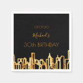 誕生日パーティブラック金ゴールドシティのスカイライン スタンダードカクテルナプキン (正面)