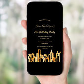 誕生日パーティブラック金ゴールドシティのスカイライン 招待状