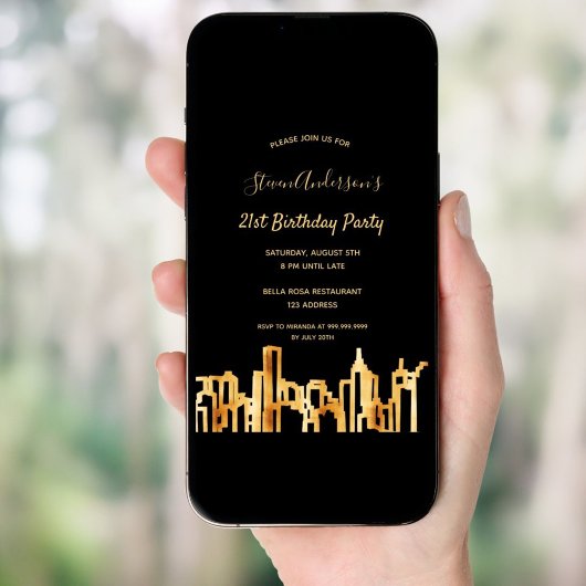 誕生日パーティブラック金ゴールドシティのスカイライン 招待状
