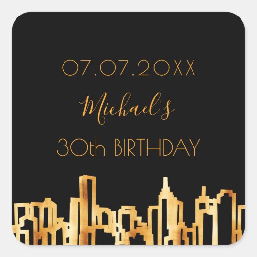 誕生日パーティブラック金ゴールドシティモダンスカイライン スクエアシール (正面)