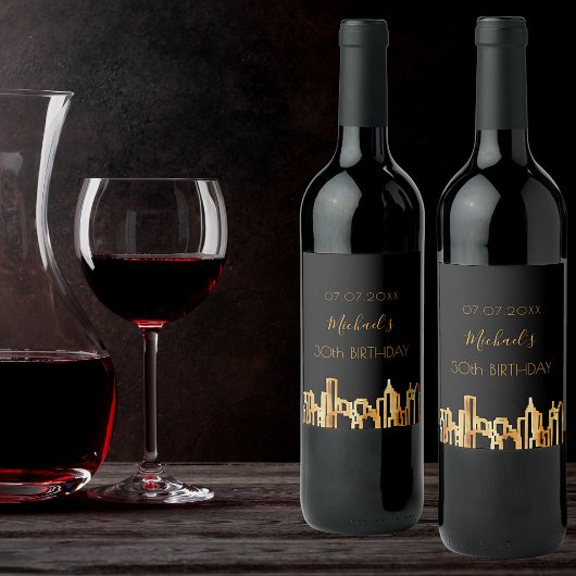 誕生日パーティブラック金ゴールドシティモダンスカイライン ワインラベル