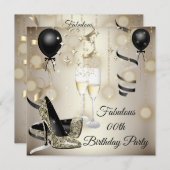 誕生日パーティベージュ金ゴールドハイヒールシャンパン 招待状 (正面/裏面)