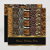 誕生日パーティミックスアニマルプリント金ゴールドブラック2 招待状 (正面/裏面)