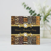 誕生日パーティミックスアニマルプリント金ゴールドブラック 招待状 (スタンド正面)
