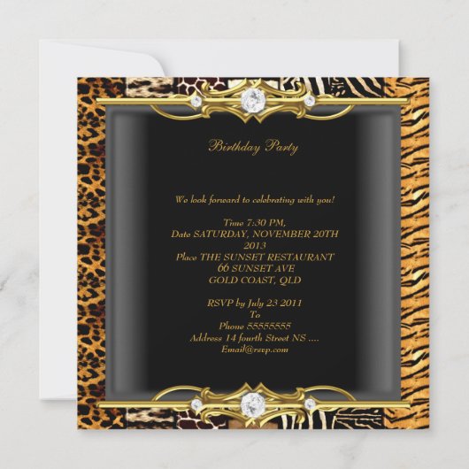 誕生日パーティミックスアニマルプリント金ゴールドブラック 招待状 (裏面)