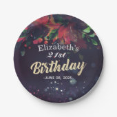 誕生日パーティレッドフローラ金ゴールドスクリプトパープルライト ペーパープレート (正面)