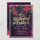誕生日パーティレッドフローラ金ゴールドスクリプトパープルライト 招待状 (正面/裏面)