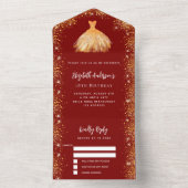 誕生日パーティレッド金ゴールドドレスグリッターRSVP オールインワン招待状 (内側)