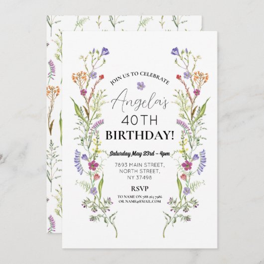 誕生日パーティワイルドフラワーズフローラDitsy 招待状 (正面/裏面)