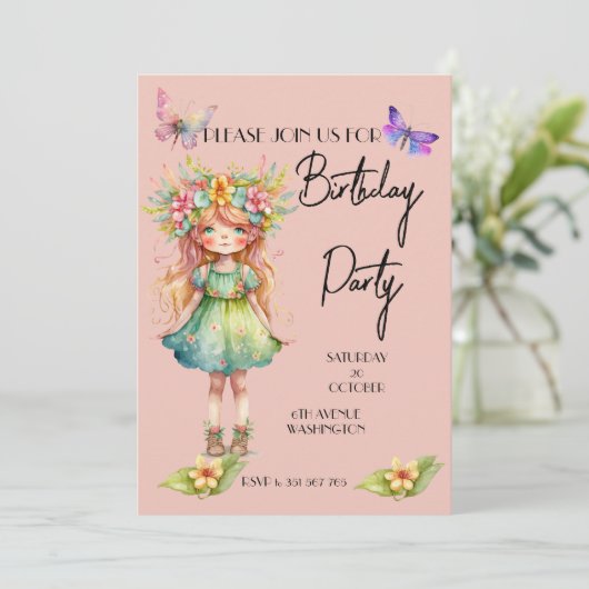 誕生日パーティーかわいい妖精の招待 招待状 (スタンド正面)