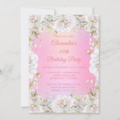 誕生日パーティーかわいらしフローラピンクホワイトローズ 招待状 (正面)