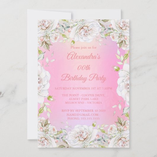 誕生日パーティーかわいらしフローラピンクホワイトローズ 招待状 (正面)