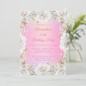 誕生日パーティーかわいらしフローラピンクホワイトローズ 招待状 (スタンド正面)