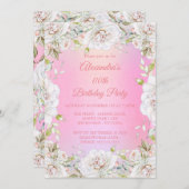 誕生日パーティーかわいらしフローラピンクホワイトローズ 招待状 (正面/裏面)