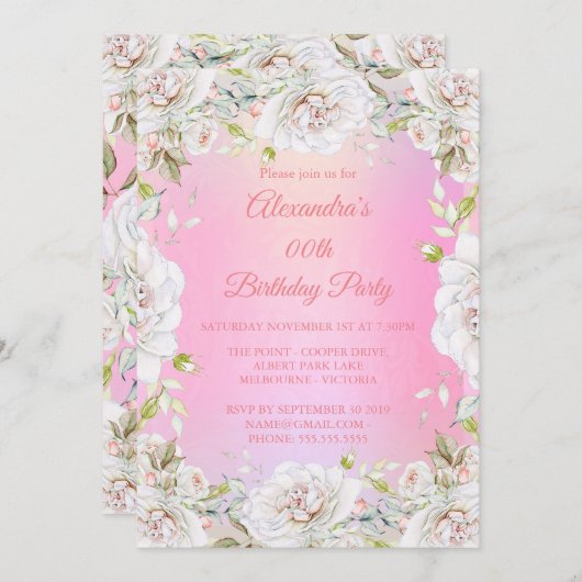 誕生日パーティーかわいらしフローラピンクホワイトローズ 招待状 (正面/裏面)