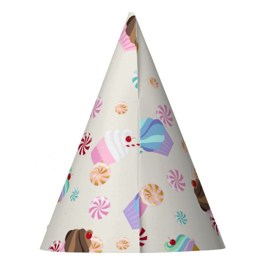 誕生日パーティーでかわいいカップケーキとキャンディパターン パーティーハット (裏面)