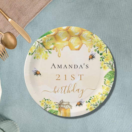 誕生日パーティーでこぼこ蜂ハニーイエロー花模様 ペーパープレート