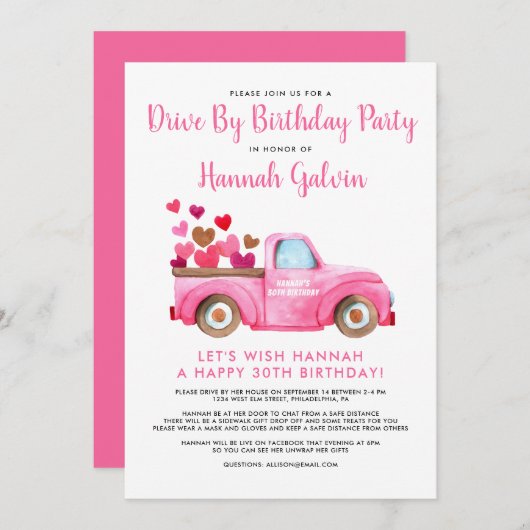 誕生日パーティーでドライブハート愛のトラック 招待状 (正面/裏面)