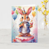 誕生日パーティーで笑顔のウサギが幸せ! |カード カード (黄色い花)