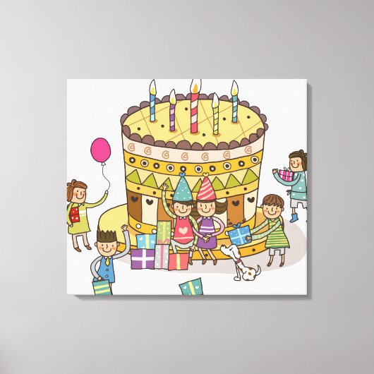 誕生日パーティーで2人の少年と3人の女の子 キャンバスプリント (正面)