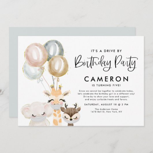 誕生日パーティーによるジャングル動物の検疫車 招待状 (正面/裏面)