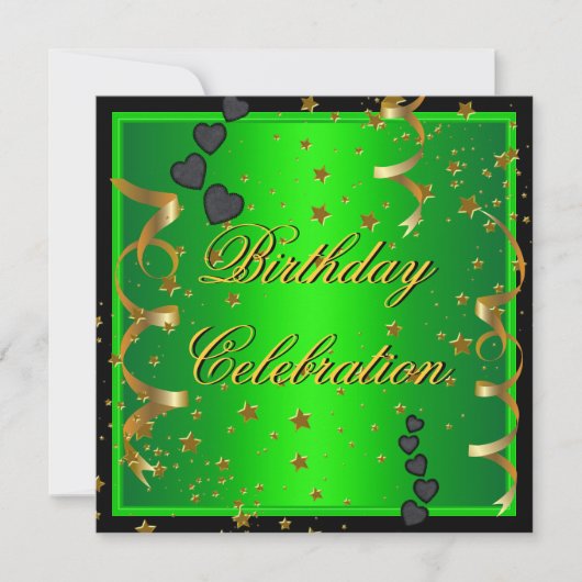 誕生日パーティーのお祝いライムグリーンゴールドブラック 招待状 (正面)
