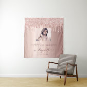 誕生日パーティーのカスタム写真 ローズゴールド グリッター ピンク タペストリー (インサイチュ)
