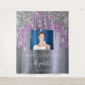 誕生日パーティーのカスタム写真 銀のグリッター 紫 タペストリー (正面)