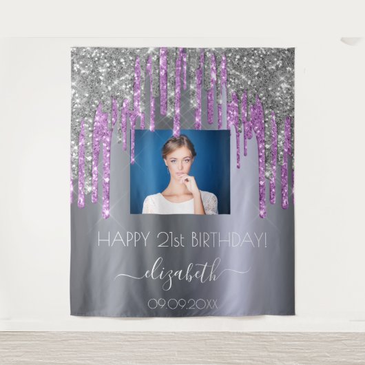 誕生日パーティーのカスタム写真 銀のグリッター 紫 タペストリー (正面)