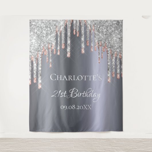 誕生日パーティーのグリッター シルバー ピンク ローズゴールド グラム タペストリー (正面)
