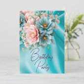 誕生日パーティーのシルク ティール ブラッシュ ピンクの花 招待状 (スタンド正面)