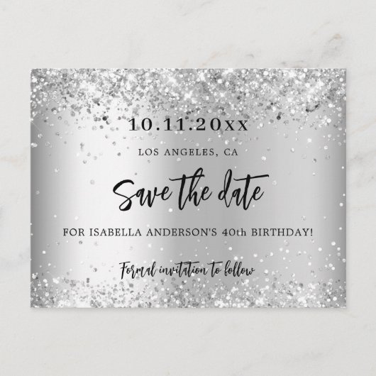 誕生日パーティーのシルバーグリッタースクリプト日付の保存 案内ポストカード (正面)