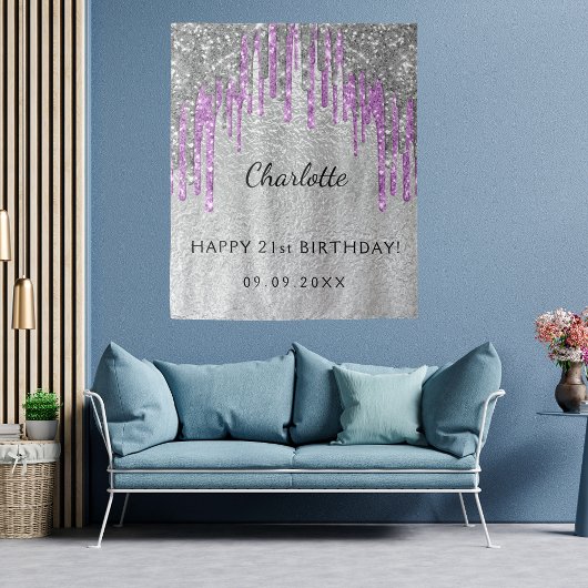 誕生日パーティーのシルバーグリッター紫のモノグラムおしゃれ タペストリー