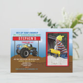 誕生日パーティーのトラック車ビッグモンスターブルー写真 招待状 (スタンド正面)