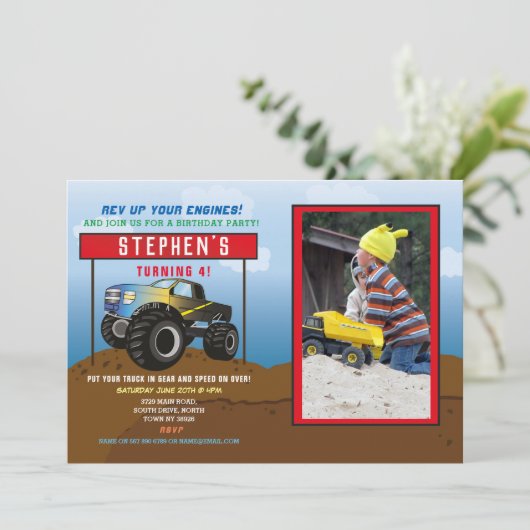 誕生日パーティーのトラック車ビッグモンスターブルー写真 招待状 (スタンド正面)