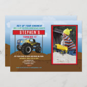 誕生日パーティーのトラック車ビッグモンスターブルー写真 招待状 (正面/裏面)