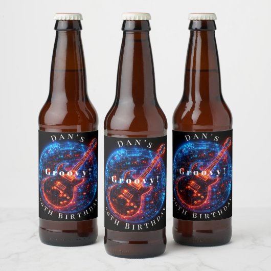 誕生日パーティーのネオンの輝き ロックギター ビールラベル (ボトル)