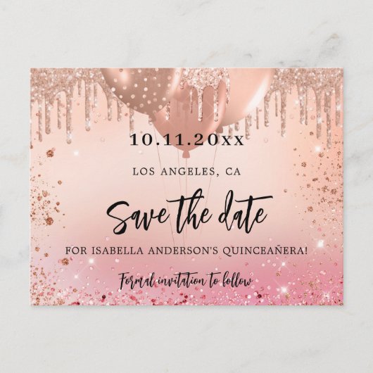 誕生日パーティーのピンクのバラの金ゴールドは日付を保存 案内ポストカード (正面)