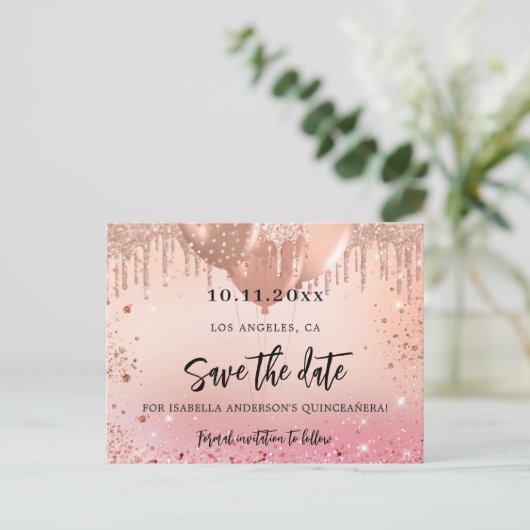 誕生日パーティーのピンクのバラの金ゴールドは日付を保存 案内ポストカード (スタンド正面)