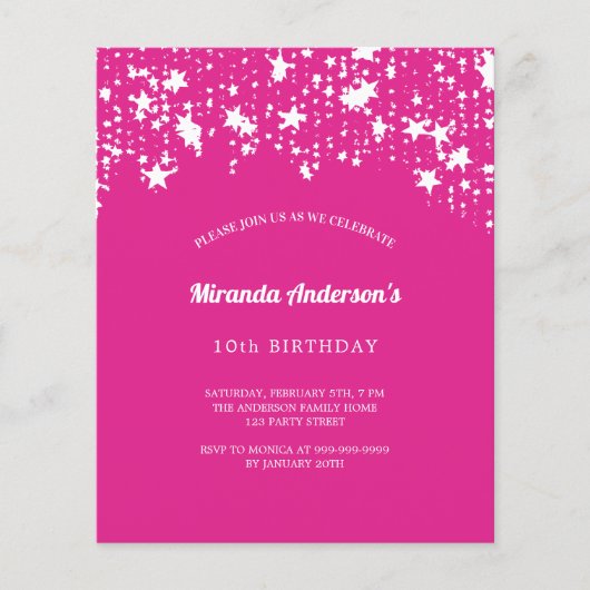 誕生日パーティーのピンクの白い星の予算の招待 チラシ (正面)