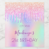 誕生日パーティーのピンクはホログラフィック名をドリップ ワインラベル (シングルラベル)