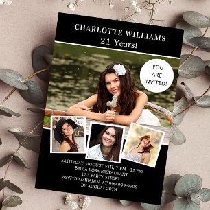 誕生日パーティーのモノクロ写真コラージュ ラグジュアリー 招待状