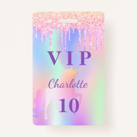 誕生日パーティーのユニコーングリッター名VIP招待 バッジ (正面)