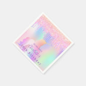 誕生日パーティーのユニコーンホログラフィックピンクの滴 スタンダードカクテルナプキン (角)