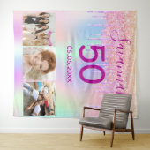 誕生日パーティーのローズゴールドピンクグリッター垂れ写真 タペストリー (インサイチュ(横))