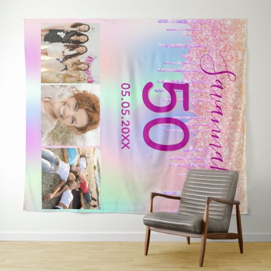 誕生日パーティーのローズゴールドピンクグリッター垂れ写真 タペストリー (インサイチュ(横))