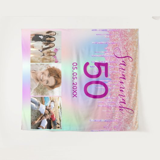 誕生日パーティーのローズゴールドピンクグリッター垂れ写真 タペストリー (正面(横))