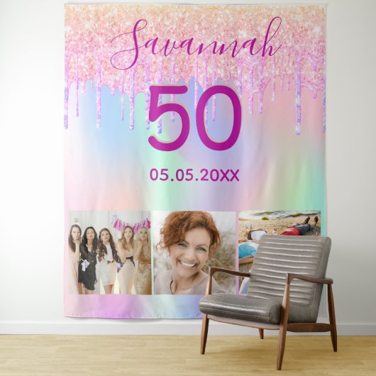 誕生日パーティーのローズゴールドピンクグリッター垂れ写真 タペストリー (インサイチュ)