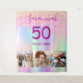 誕生日パーティーのローズゴールドピンクグリッター垂れ写真 タペストリー (正面)