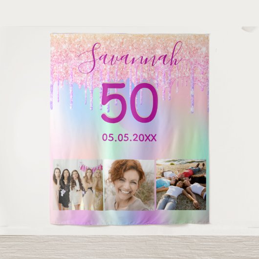 誕生日パーティーのローズゴールドピンクグリッター垂れ写真 タペストリー (正面)